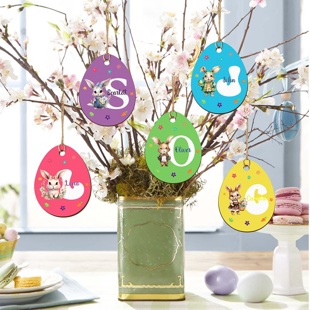 Personalized Cute Bunny Initial Easter Egg Shape Wood Tag with Name Easter Party Gift for Boys Girls 6