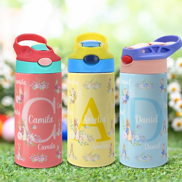 Gepersonaliseerde Peter Rabbit bloemennaam 12 oz geïsoleerde waterfles met siliconen rietje en morsbestendig deksel Verjaardagscadeau voor jongens meisjes