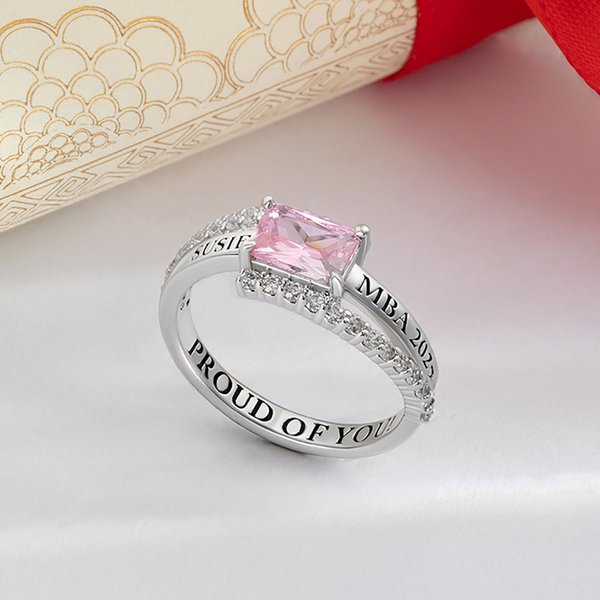 Personalized Square Birthstone Ring with Zircon Engraved Text and Year Graduation Gift for Class of 2025 Graduates