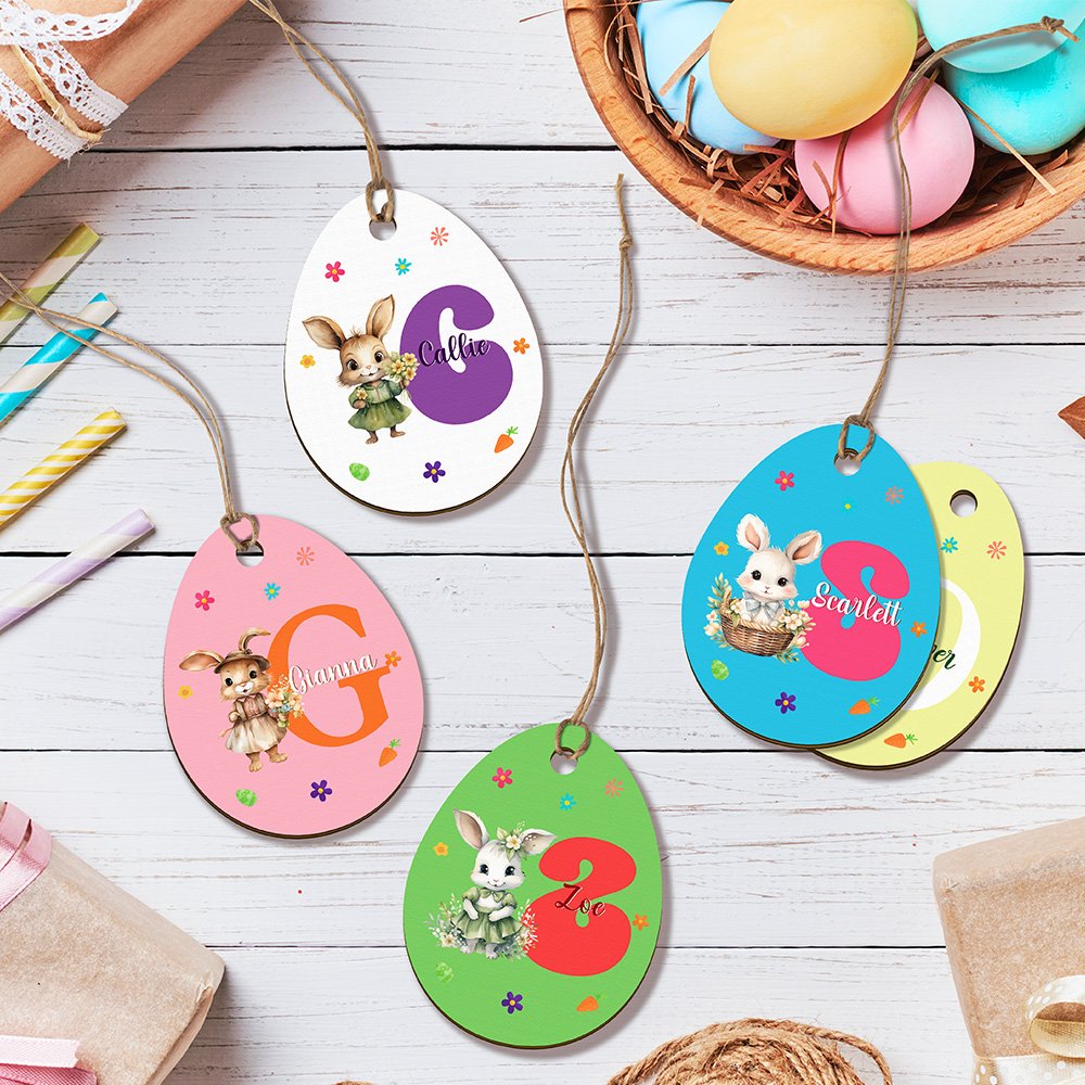 Personalized Cute Bunny Initial Easter Egg Shape Wood Tag with Name Easter Party Gift for Boys Girls 2