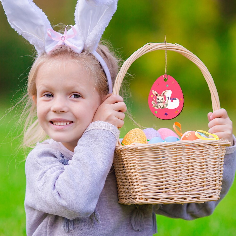 Personalized Cute Bunny Initial Easter Egg Shape Wood Tag with Name Easter Party Gift for Boys Girls 5