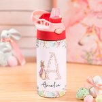 Personalisierte niedlichen Peter Rabbit Floral Initial 12 oz isolierte Wasserflasche mit Silikon-Stroh und Spill-Proof-Deckel Ostern zurück zu Schule Geschenk für Kinder