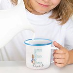 Mug émaillé personnalisé Peter Rabbit avec initiale florale 12 oz avec nom Camping Pâques Cadeau d'anniversaire pour enfants