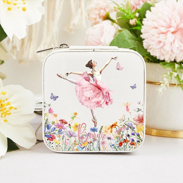 Personalized Ballet Girl Birth Flower Butterfly PU Leather Jewelry Box with Name Portable Travel Birthday Gift for Ballerina Ballet Lover