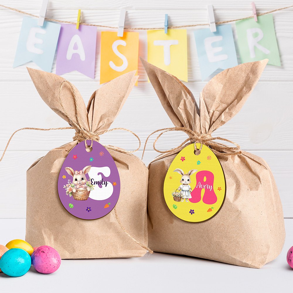 Personalized Cute Bunny Initial Easter Egg Shape Wood Tag with Name Easter Party Gift for Boys Girls 4