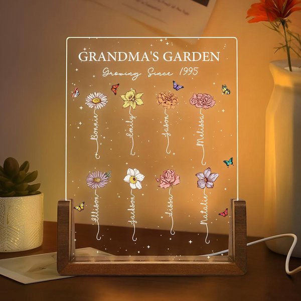 Personalized 1-12 Birth Flower Acrylic LED Night Light with Wooden Base Home Decor Mother's Day Birthday Gift for Grandma Mom