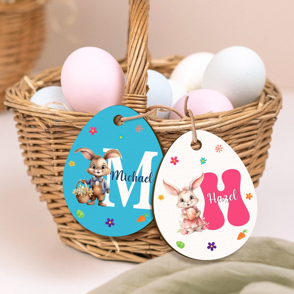 Personalized Cute Bunny Initial Easter Egg Shape Wood Tag with Name Easter Party Gift for Boys Girls 3