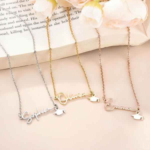 Personalized Grad Cap Nameplate Necklace Dainty Jewellery Graduation Birthday Gift for Graduates