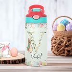 Personalisierte niedlichen Peter Rabbit Floral Initial 12 oz isolierte Wasserflasche mit Silikon-Stroh und Spill-Proof-Deckel Ostern zurück zu Schule Geschenk für Kinder