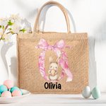 Personalized Cute Bow Easter Bunny Eggs Jute Tote Bag with Name and Initial Travel Accessories Birthday Easter Party Gift for Boys Girls