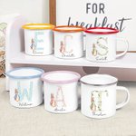 Mug émaillé personnalisé Peter Rabbit avec initiale florale 12 oz avec nom Camping Pâques Cadeau d'anniversaire pour enfants