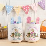 Personalized Happy Easter Cute Peter Rabbit Ears Bucket Bag Egg Hunt Basket with Name Easter Birthday Party Favors Gift for Kids