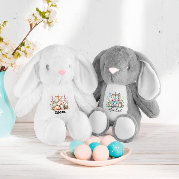 Uova di Pasqua personalizzate croce floreale carino peluche coniglietto peluche giocattolo con nome Pasqua Baby Shower regalo di compleanno per i bambini