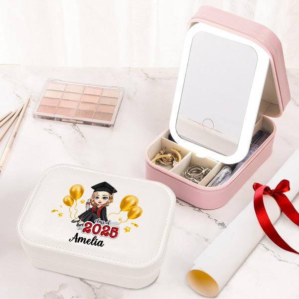 Personalized Balloon Graduation Cartoon Girl Name Leather Jewelry Box with LED Three-color Adjustable Makeup Mirror Graduation Birthday Gift for Women