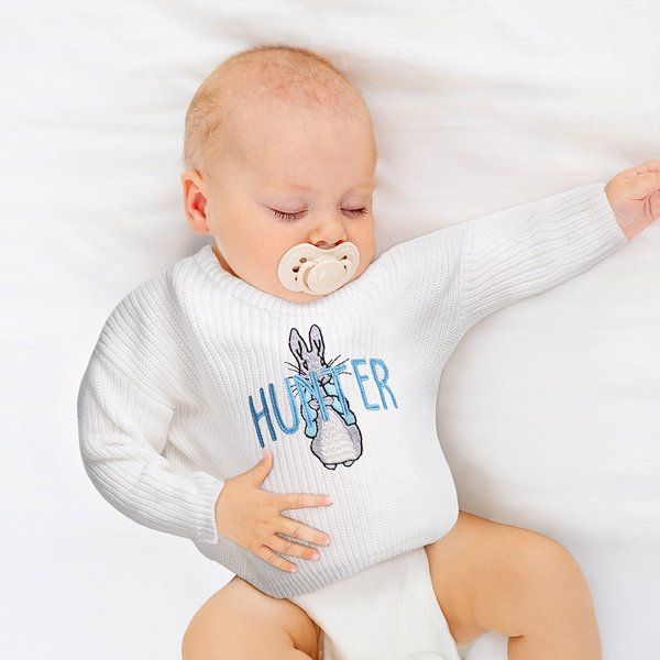 Pull en maille brodé avec nom, personnalisé par Peter Rabbit, lapin de Pâques, cadeau d'anniversaire de Pâques pour les garçons et les filles.