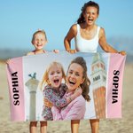 Toalla de playa de gran tamaño y secado rápido personalizada con foto multicolor y texto Vacaciones de verano Viaje Imprescindible Fiesta en la playa Regalo para la familia Niños