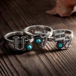 Personalized Simple Line Design Turquoise Ring with Initial Western Culture Jewelry Birthday Gift for Women Cowgirl Lovers