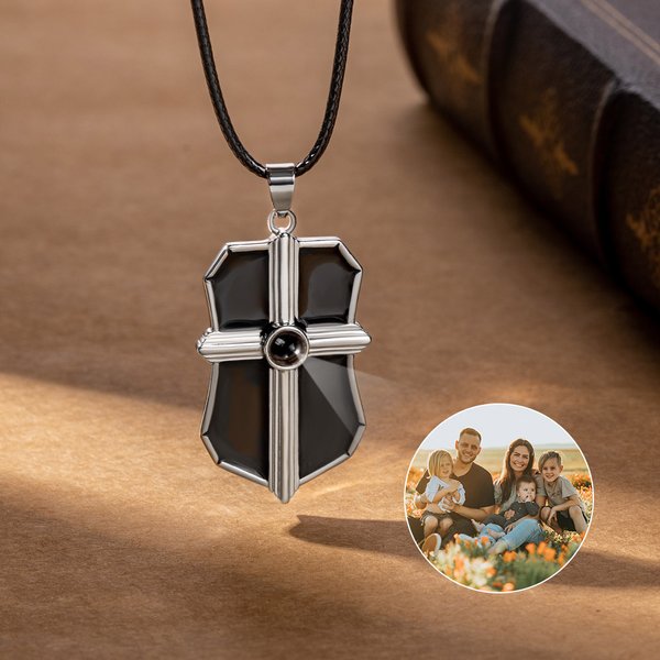 Personalised Punk Cross Compass Photo Projection Necklace Gothic Style Jewellery Anniversary Birthday Gift for Family Friends Rock Lovers