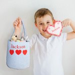 Personalised Gingham Heart Bucket Bag with Embroidered Name and Heart Shaped Card Birthday Valentine's Day School Exchange Gift for Kids