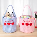Personalised Gingham Heart Bucket Bag with Embroidered Name and Heart Shaped Card Birthday Valentine's Day School Exchange Gift for Kids