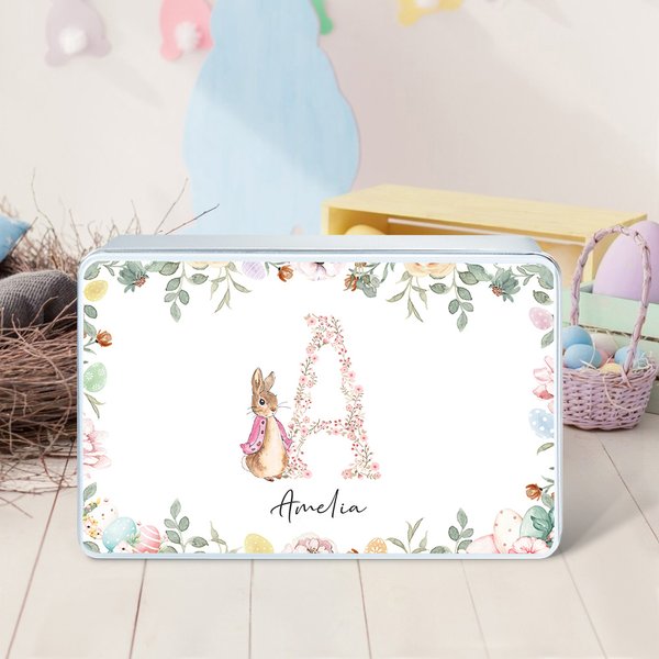Henkilökohtainen söpö Peter Rabbit Floral Initial Pääsiäinen Biscuit Tin säilytyslaatikko nimi pääsiäinen osapuoli syntymäpäivälahja lapsille