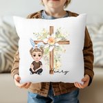 Personalized Cartoon Character Cross 1-5 Birth Flowers Soft Throw Pillow Cover with Name Easter Housewarming Gift for Family Friends