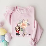 Spersonalizowany Krzyż Narodzin Kwiat Królik Ucho Kreskówka Postać Dziecko Dorosły T-shirt Bluza z Imieniem Wielkanoc Impreza Prezent dla Dzieci Rodzina