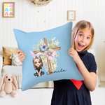 Personalized Cartoon Character Cross 1-5 Birth Flowers Soft Throw Pillow Cover with Name Easter Housewarming Gift for Family Friends