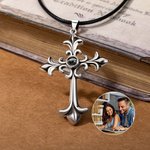 Personalised Punk Cross Compass Photo Projection Necklace Gothic Style Jewellery Anniversary Birthday Gift for Family Friends Rock Lovers