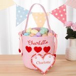 Personalised Gingham Heart Bucket Bag with Embroidered Name and Heart Shaped Card Birthday Valentine's Day School Exchange Gift for Kids