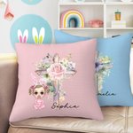 Personalized Cartoon Character Cross 1-5 Birth Flowers Soft Throw Pillow Cover with Name Easter Housewarming Gift for Family Friends