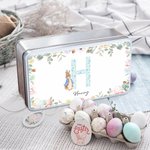 Personalized Cute Peter Rabbit Floral Initial Easter Biscuit Tin Storage Box with Name Easter Party Birthday Gift for Kids