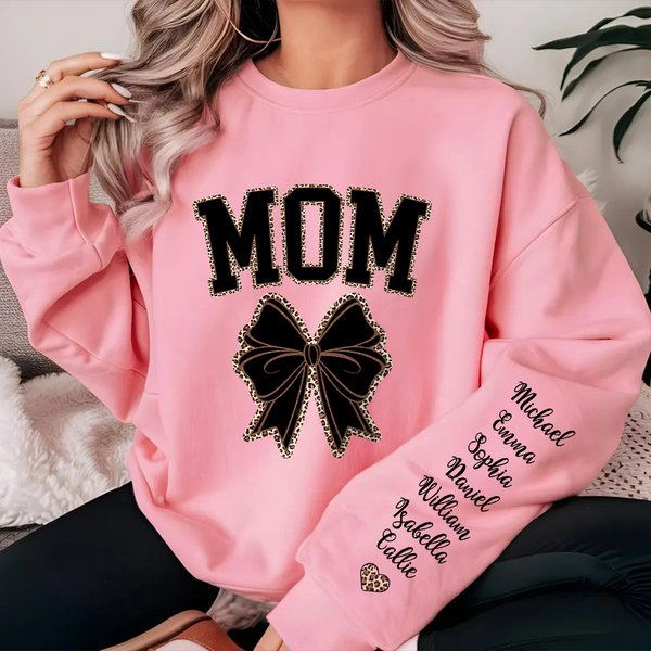 Personalised Multicolour Leopard Bow 1-16 Names Soft Crew Neck T-shirt Sweatshirt with Title Birthday Mother's Day Appreciation Gift for Mom Grandma