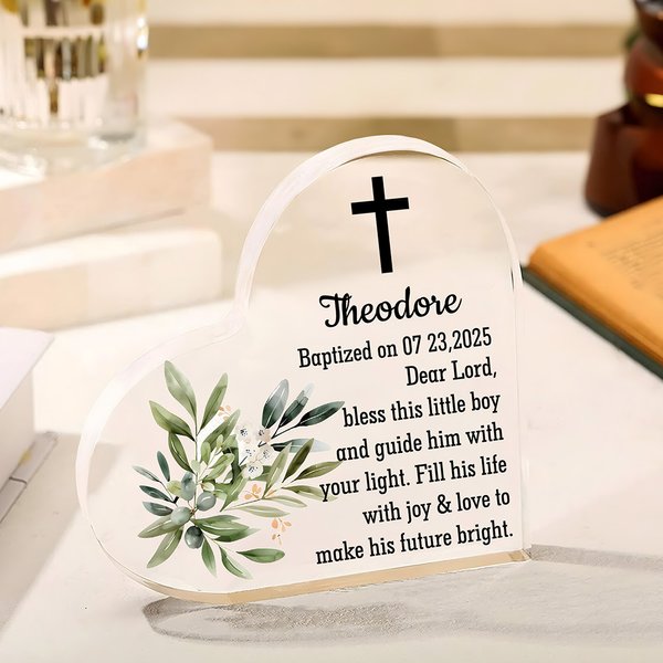 Personalisiertes Kreuz herzförmig Acryl Plaque mit Namen und Text Kommunion Party Home Decor Taufe Geschenk für Familie Freund