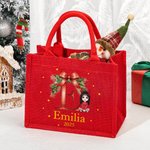 Personalisierte Cartoon-Figur Rote Jute Tasche mit Stechpalme-Schleife-Initiale und Namen Wiederverwendbare Tote Bag Weihnachten Geschenk für Familie