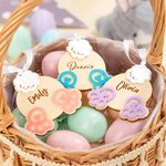 Personalized Cute Bunny Butt Tail Feet Wooden Tag with Engraved Name and White Ribbon Easter Basket Decor Party Gift for Kids