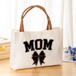 Personalized Leopard Bow Design Canvas Tote Bag with Title and Leather Handle Mother's Day Birthday Appreciation Gift for Mom Grandma Women