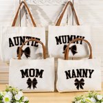 Personalized Leopard Bow Design Canvas Tote Bag with Title and Leather Handle Mother's Day Birthday Appreciation Gift for Mom Grandma Women