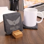 Personalised Set of 4 Engraved Logo Photo Slate Coaster with Bamboo Coaster Holder Office Decor Promotion Gift for Corporate Business Partner