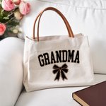 Personalized Leopard Bow Design Canvas Tote Bag with Title and Leather Handle Mother's Day Birthday Appreciation Gift for Mom Grandma Women
