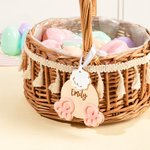 Personalized Cute Bunny Butt Tail Feet Wooden Tag with Engraved Name and White Ribbon Easter Basket Decor Party Gift for Kids