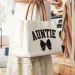 Personalized Leopard Bow Design Canvas Tote Bag with Title and Leather Handle Mother's Day Birthday Appreciation Gift for Mom Grandma Women