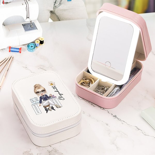 Personalised Birth Flower Cartoon Girl Leather Jewellery Box with LED Three-Colour Makeup Mirror Travel Essential Birthday Gift for Women Sewing Lovers