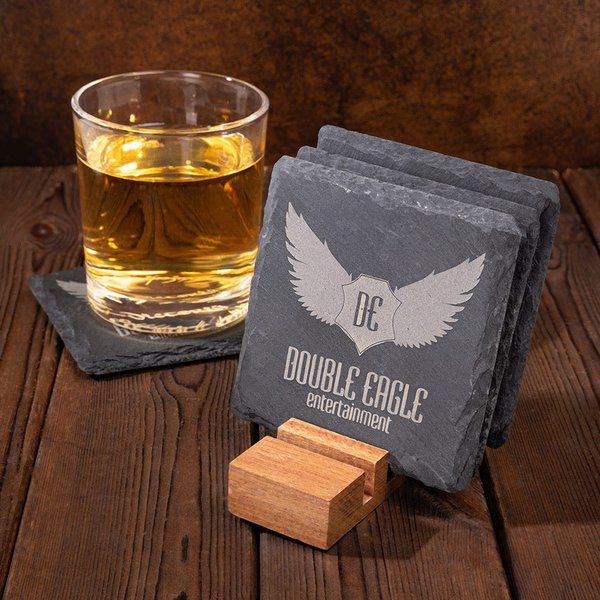 Personalised Set of 4 Engraved Logo Photo Slate Coaster with Bamboo Coaster Holder Office Decor Promotion Gift for Corporate Business Partner