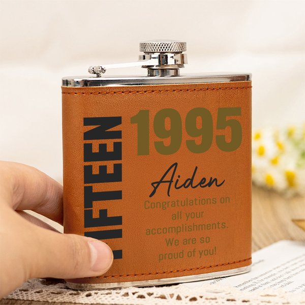 Personalised Blessing Message Portable 6 oz Leather Cover Hip Flask with Name and Age Birthday Wedding Gift for Men Liquor Lovers