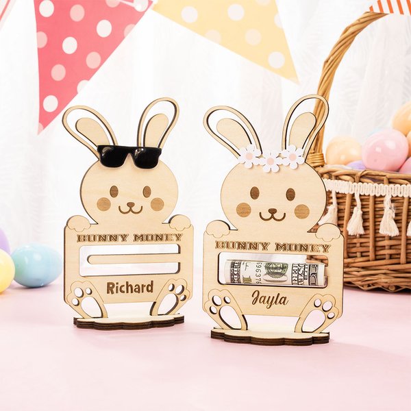 Porte-monnaie en bois personnalisé avec nom lapin mignon pour panier de Pâques Cadeau d'anniversaire pour garçons filles