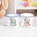 Personalisierte Cute Bunny Floral Initial 11 oz farbigen Rand Emaille-Becher mit Namen Ostern Familie Versammlung Party Geschenk für Kinder