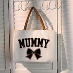 Personalized Leopard Bow Design Canvas Tote Bag with Title and Leather Handle Mother's Day Birthday Appreciation Gift for Mom Grandma Women