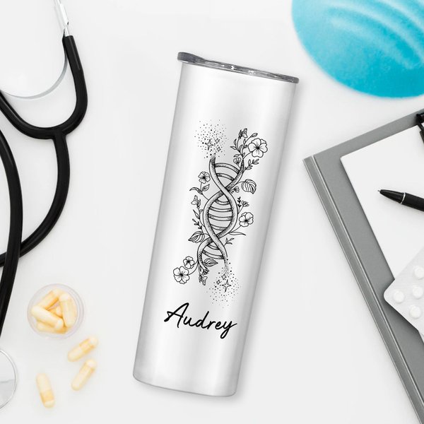 Henkilökohtainen DNA syntymä kukka 20 oz eristetty Skinny Tumbler nimi ja olki arvostus syntymäpäivälahja lääkäri Medical Staffille