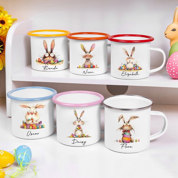 Spersonalizowany kubek emaliowany Quirky Bunny 12oz z imieniem Wielkanocny prezent na przyjęcie dla dzieci